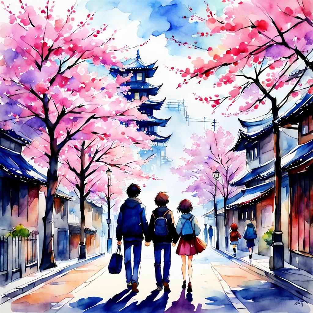 Couple Strolling Under Sakura Trees in Anime Style