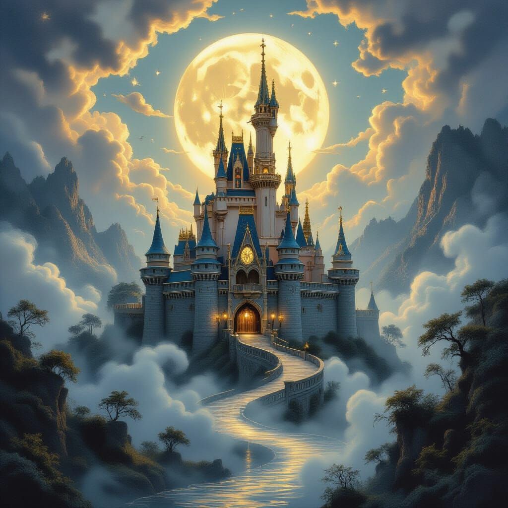 Mystical Castle Bathed in Moonlight: Fine Art Oil Painting