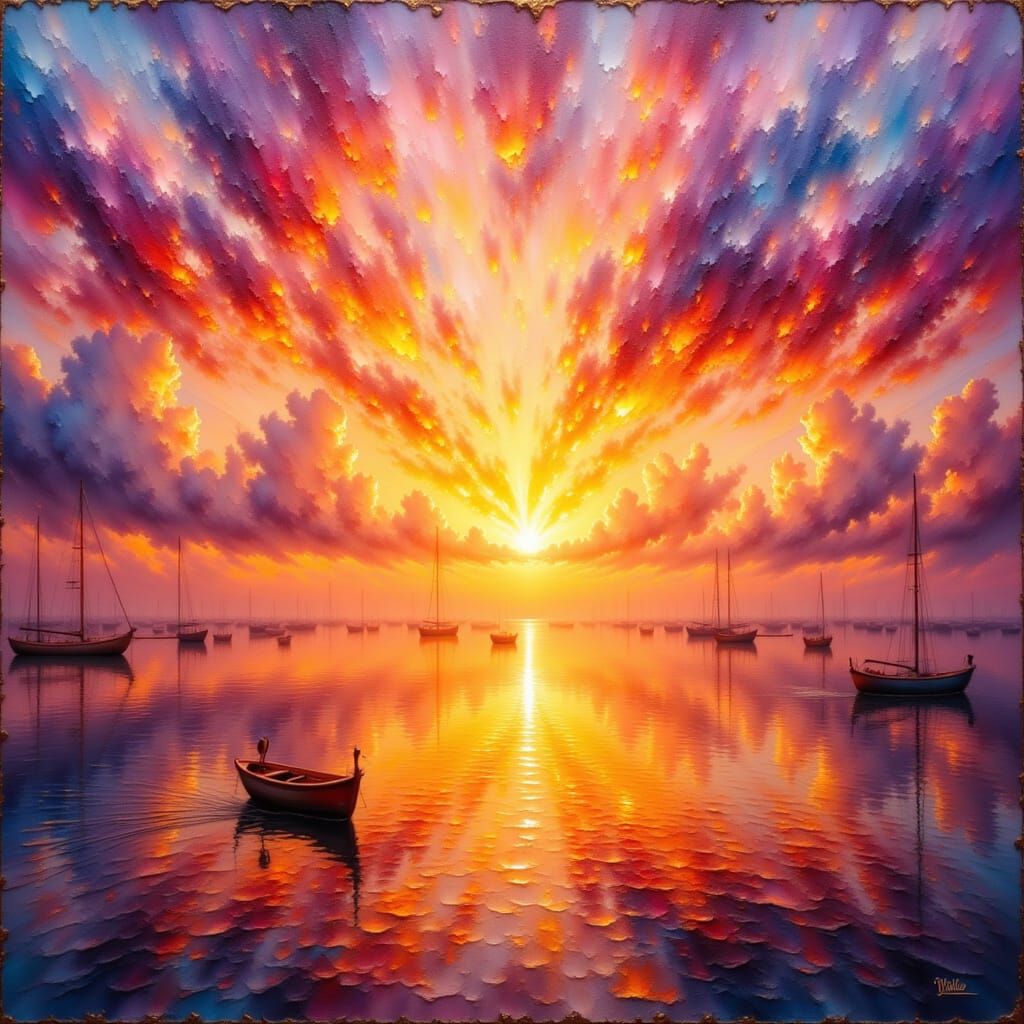 Sunrise Over Harbor in Impasto Style