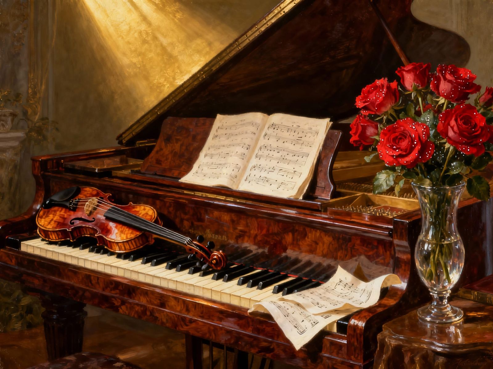 Still Life Oil Painting of Piano, Violin, and Roses