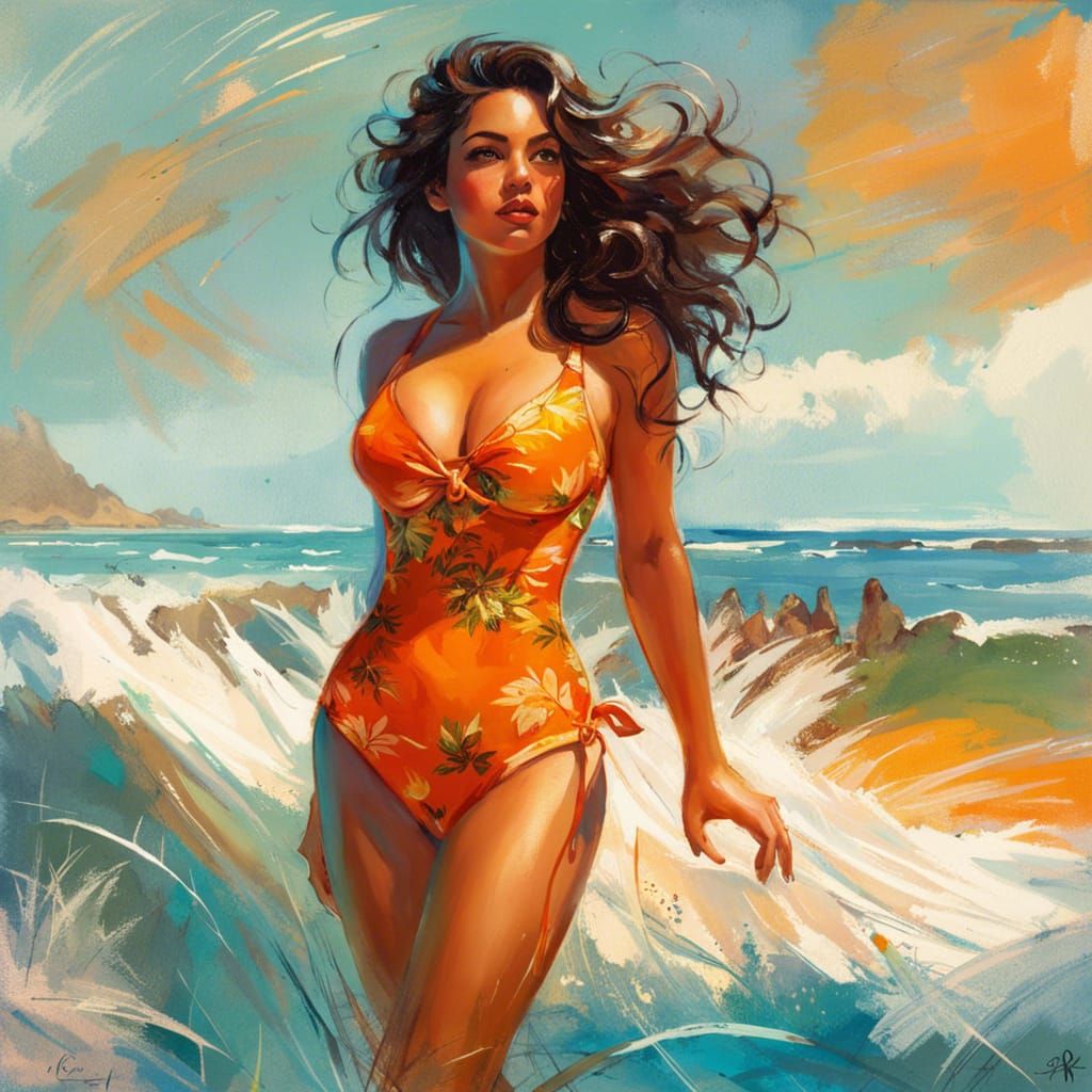 Moana Portrait on Sunny Beach, Pin-Up Illustration