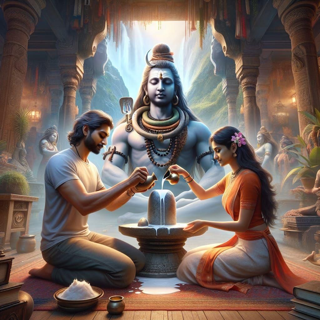 Ritualistic Milk Offering to Shiva in Fantasy Art Style