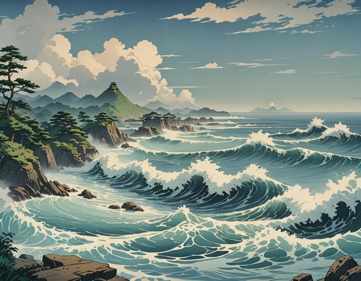 Ukiyo-e Serene Oceanscape with Misty Shoreline