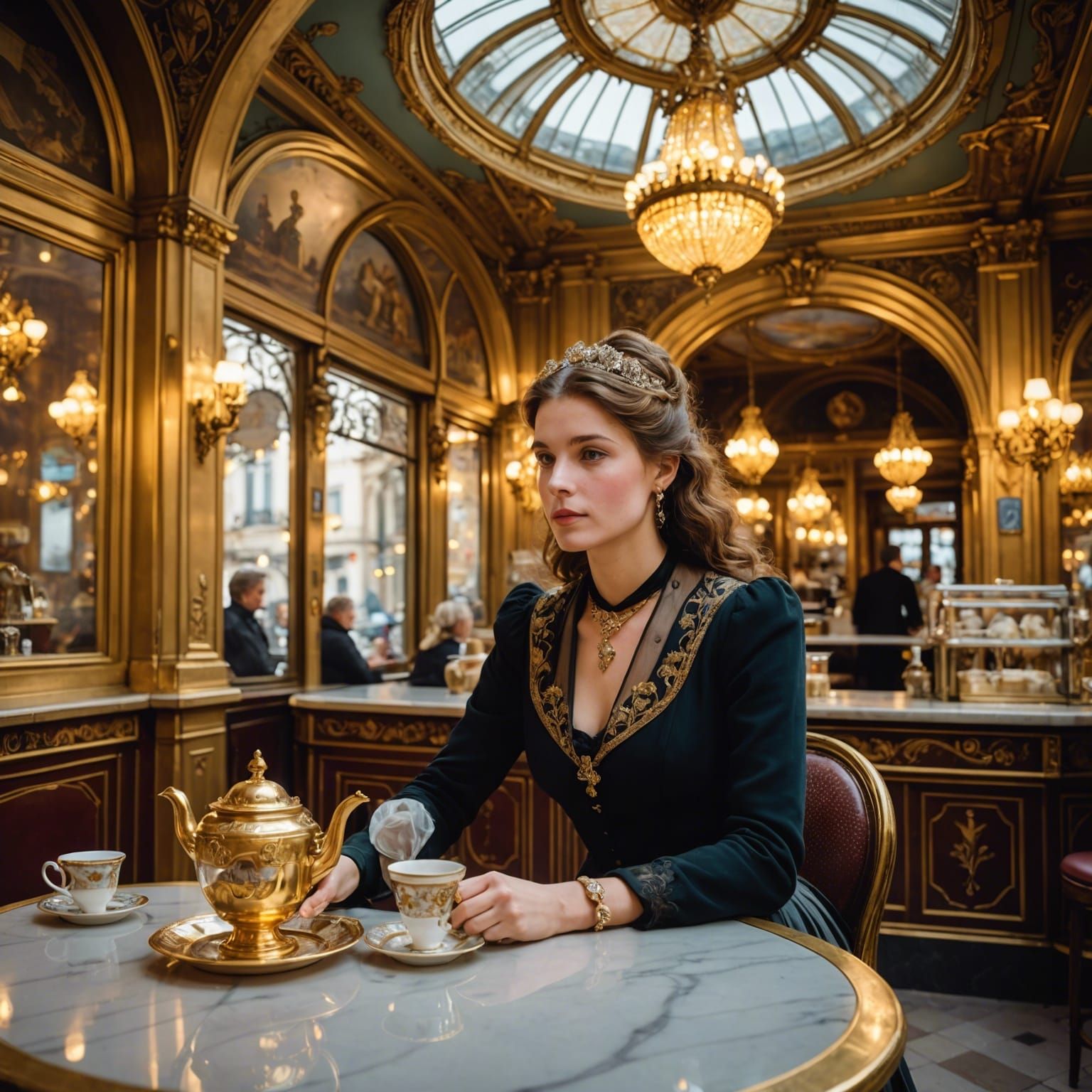 Belle Époque Lady in Parisian Cafe at Sunrise
