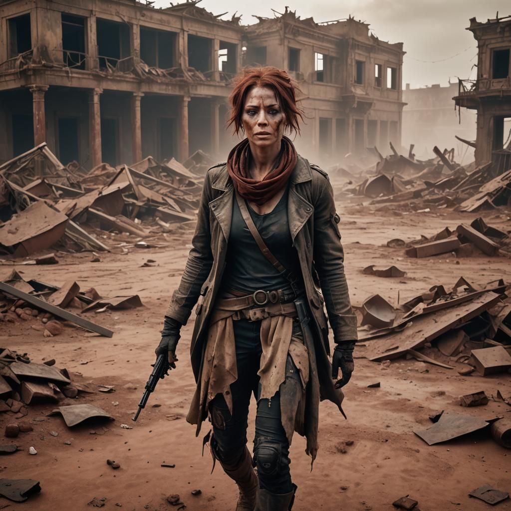 (Wide angle shot of a woman is tattered/ worn down clothes i...