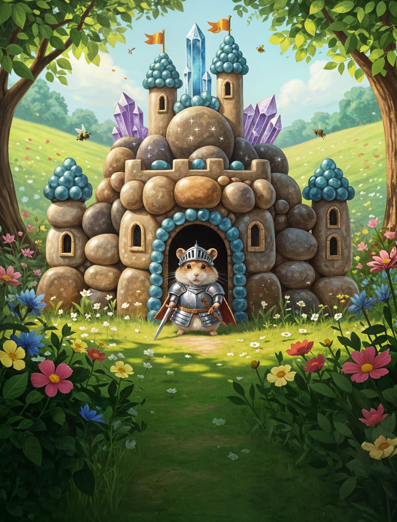 Whimsical Hamster Knight Guards Crystal Castle