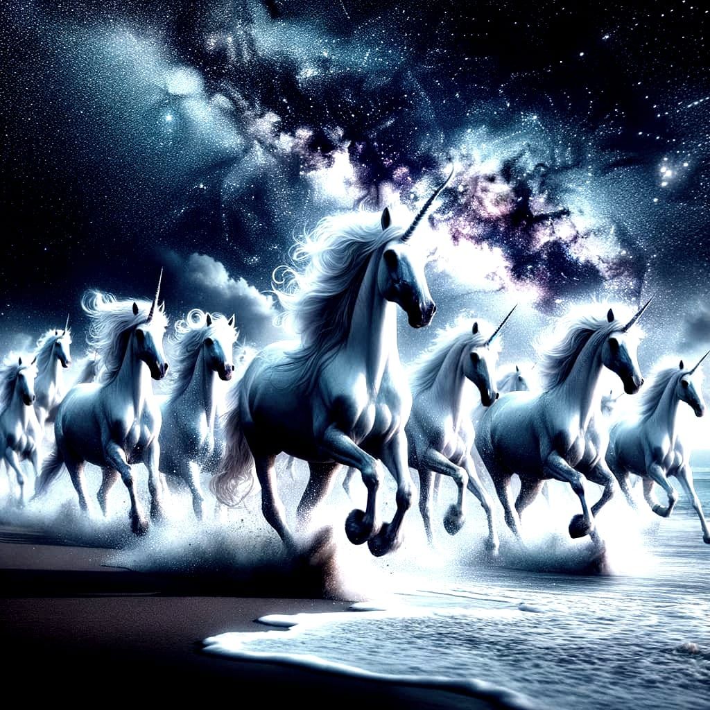Majestic White Unicorns Galloping Under the Milky Way