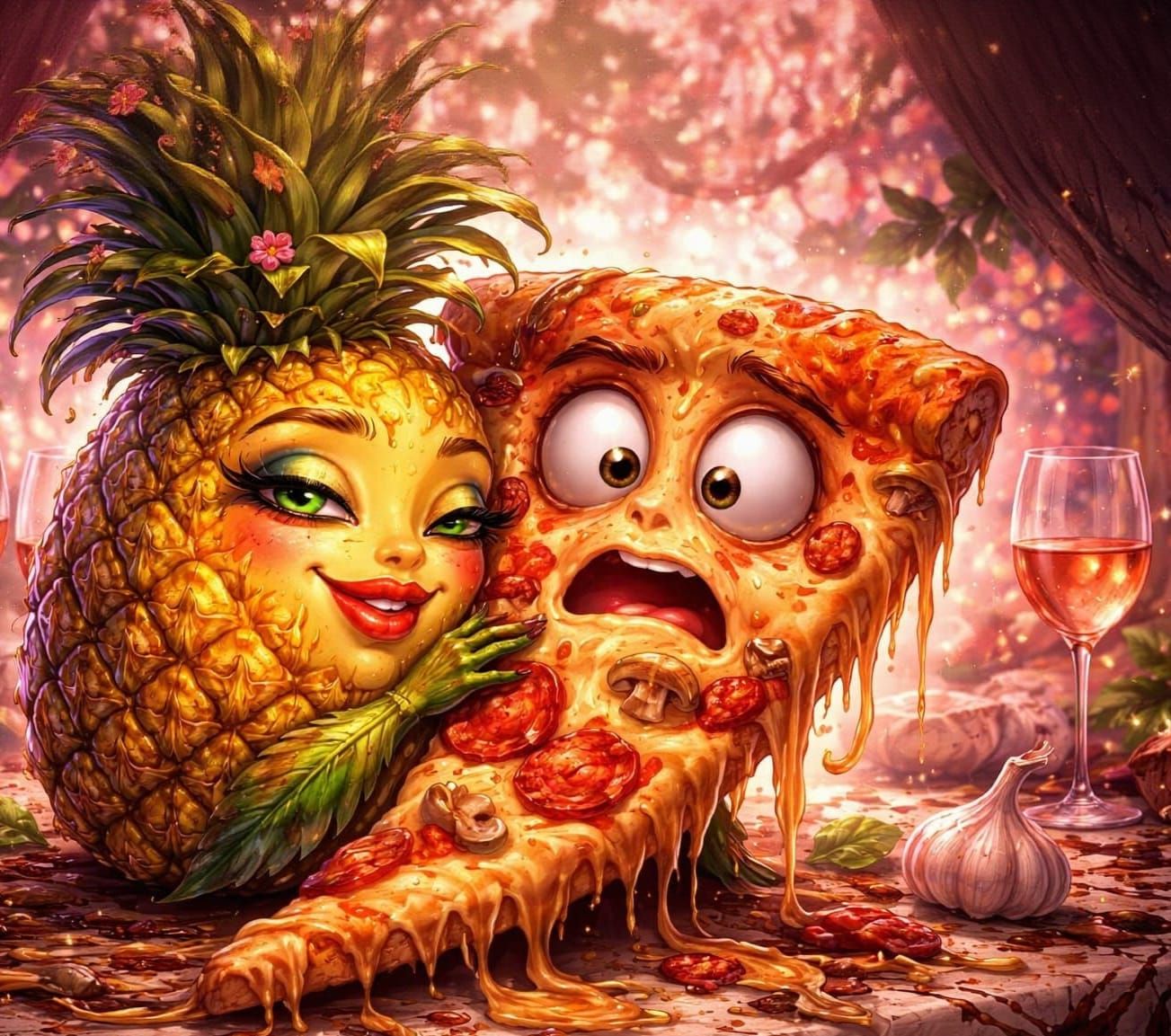 Whimsical Pineapple Flirts With Uneasy Pizza Slice