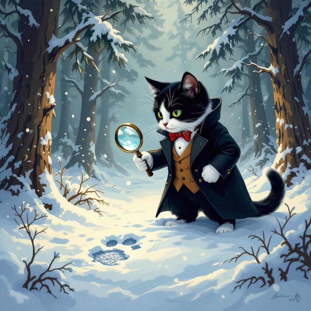 Tuxedo Cat as Sherlock Holmes in Snowy Forest