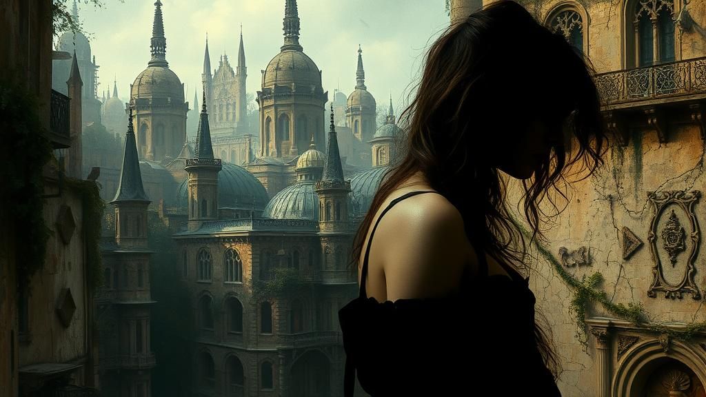 Surreal Dystopian Cityscape with Shadowy Figure