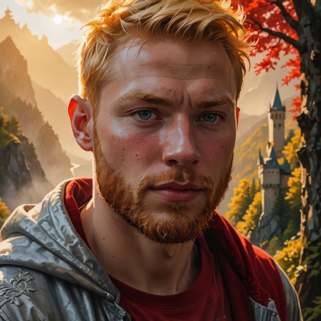 Ginger-Bearded Man Walking in Mountains: Digital Art