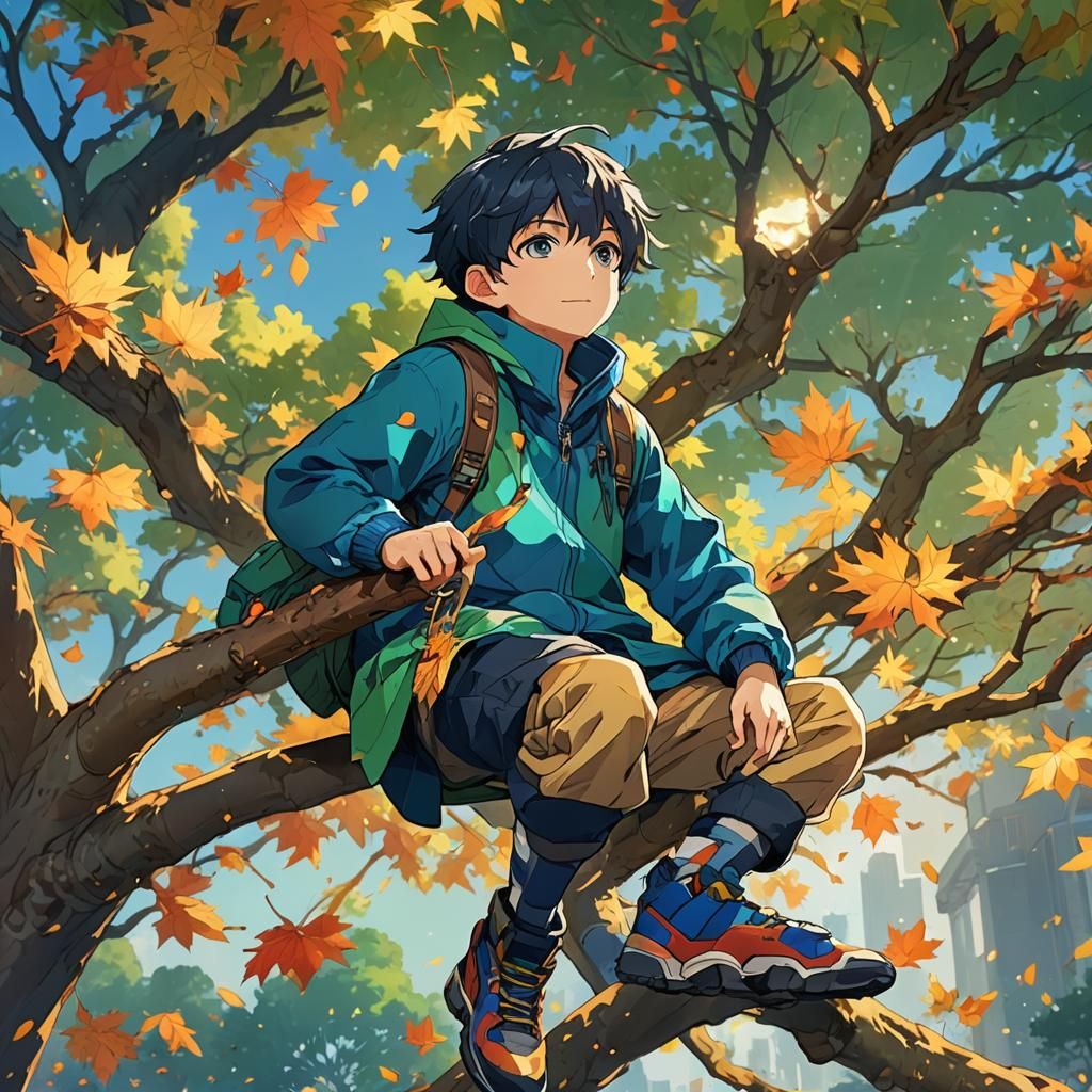 Boy on Autumn Branch in Vibrant Anime Style