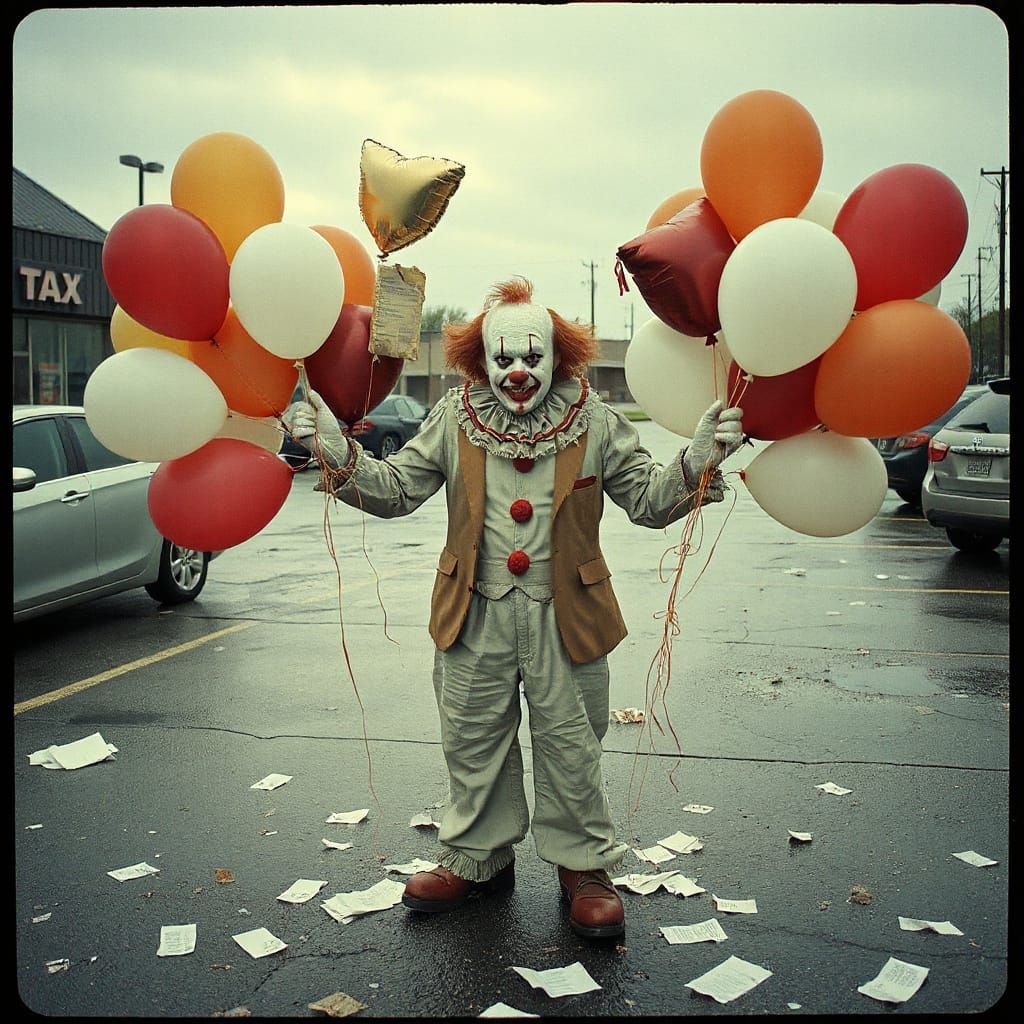 Tragic Clown with Balloons in Surreal Parking Lot