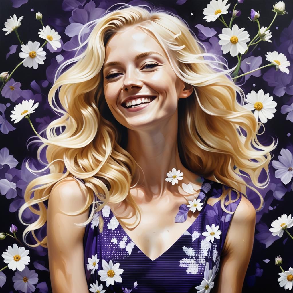 Happy Woman in Purple Dress Oil Painting