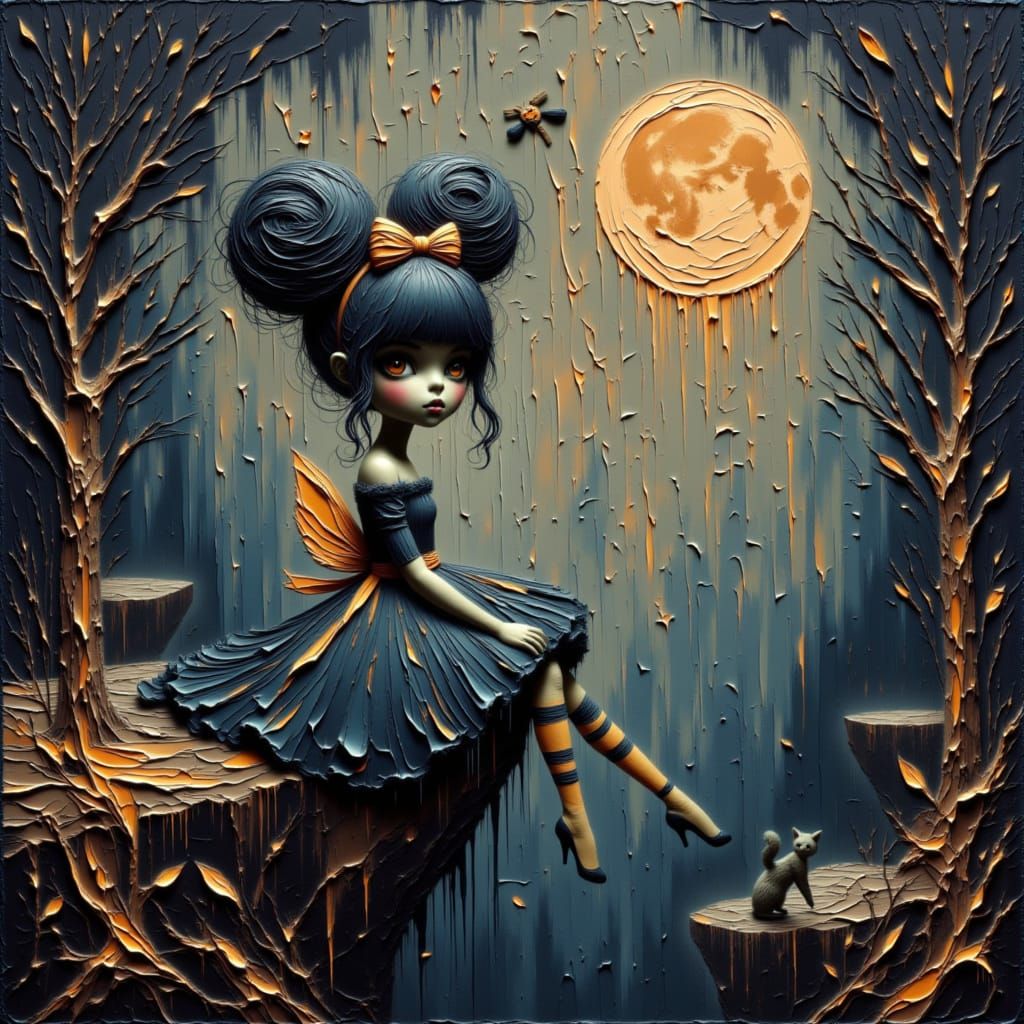 Moon Fairy with Cat in Golden Paint Splatters