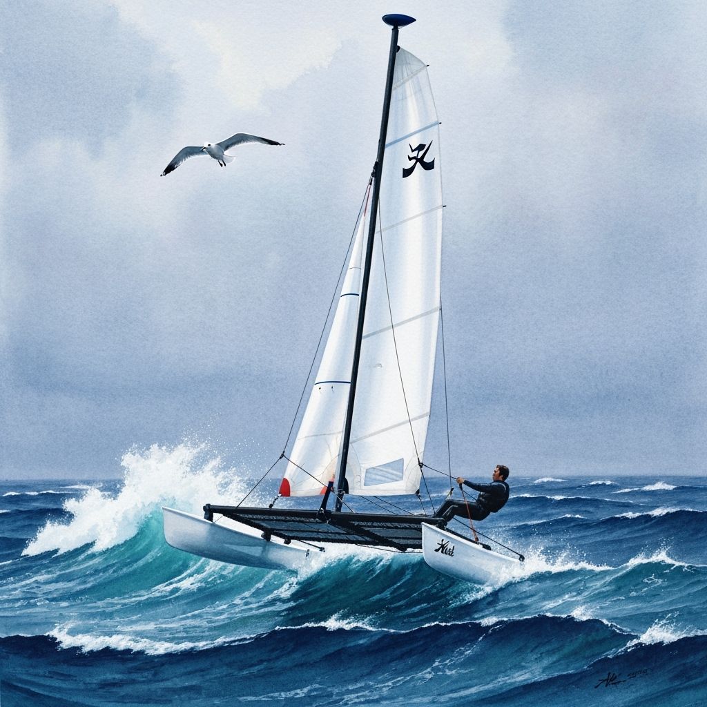Seagull Soars Over Catamaran in Gale