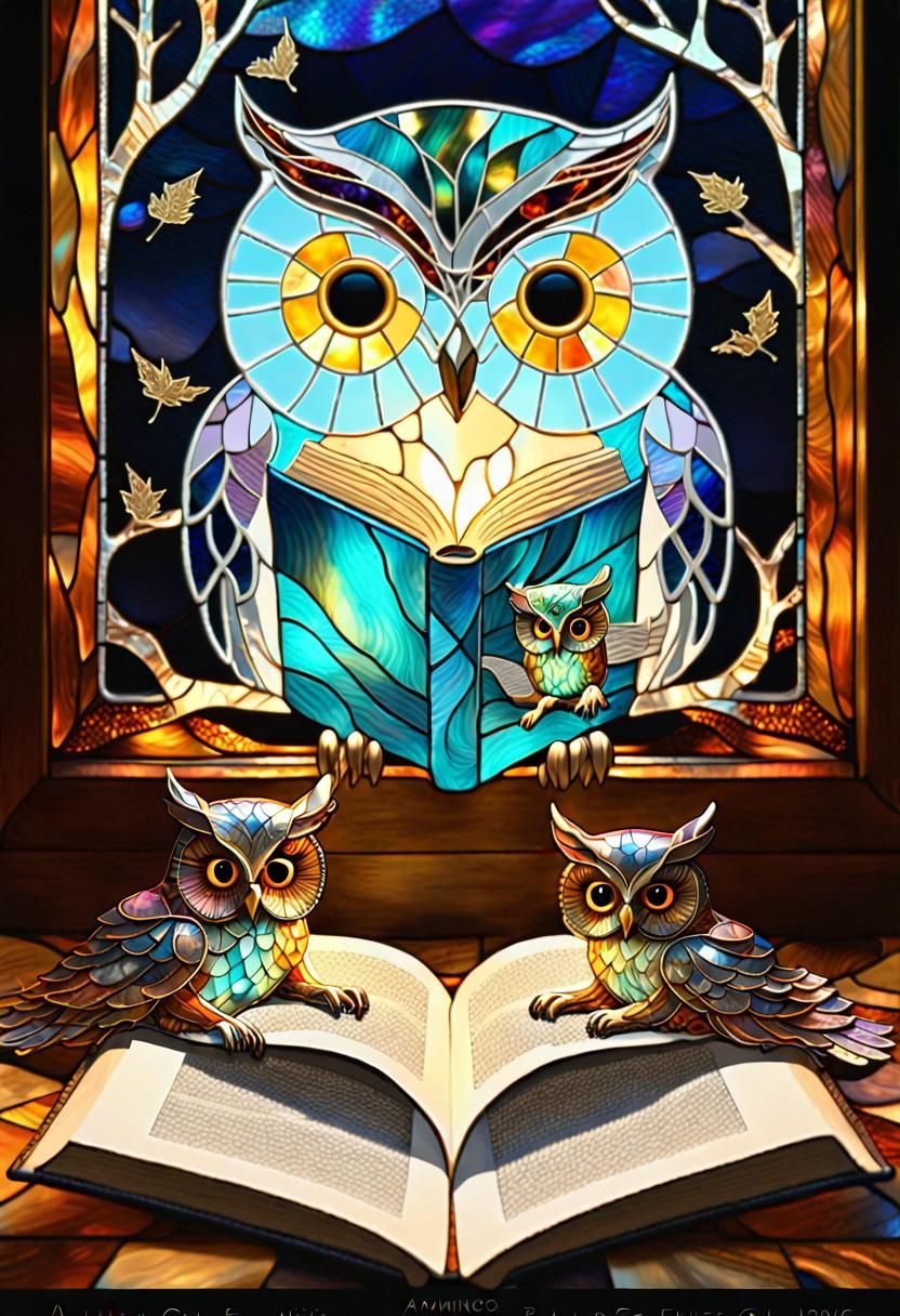 Tiffany Stained Glass Owl Reading to Kittens