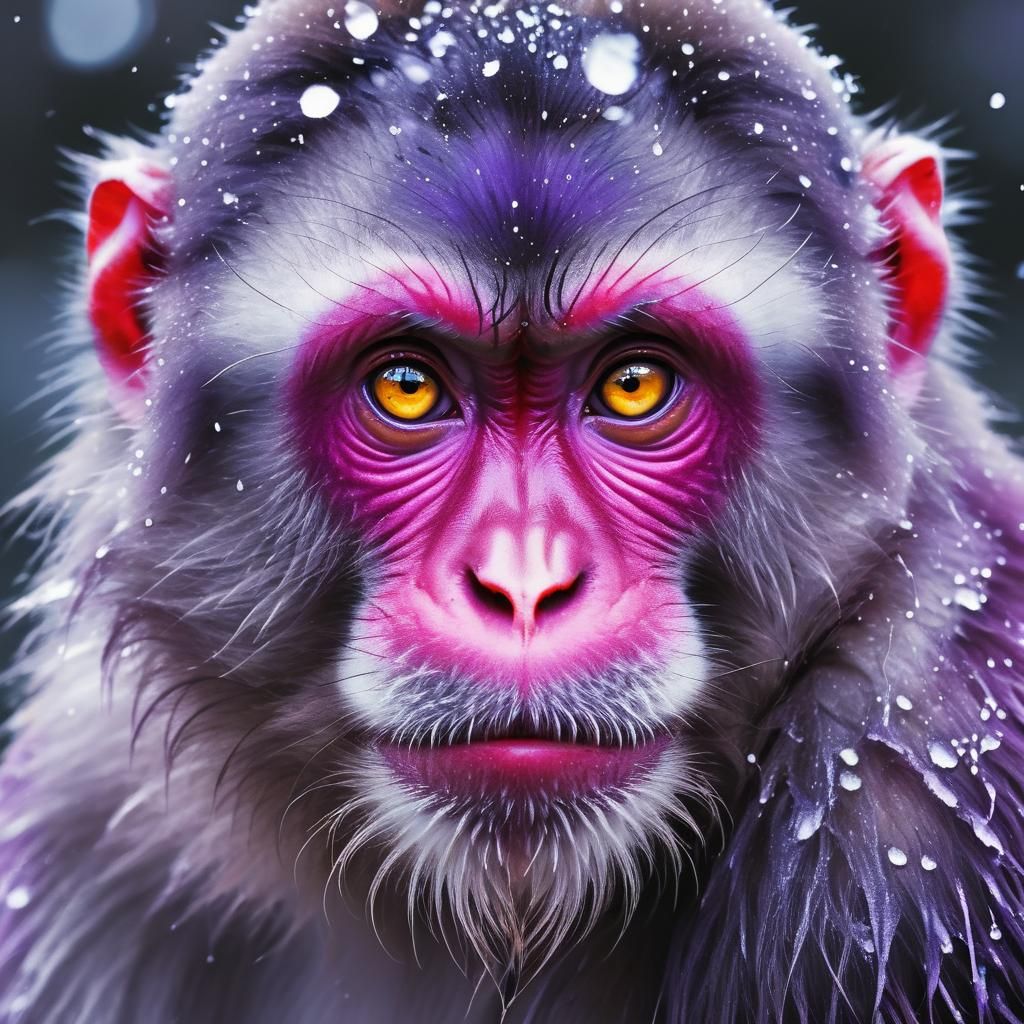 Purple-Hued Snow Monkey Portrait in Ethereal Light