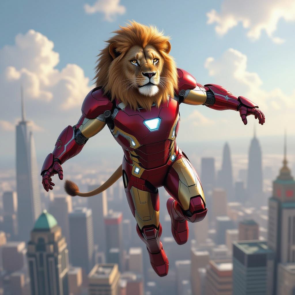 Lion in Iron Man Suit Soaring Over City
