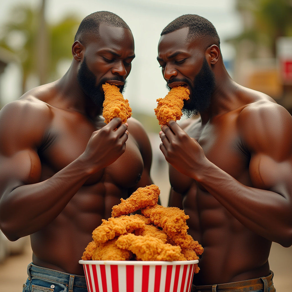 Two Muscular Men Enjoying Fried Chicken
