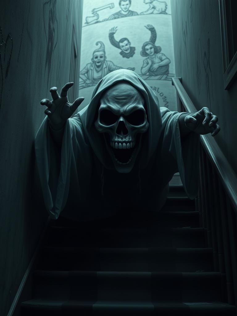 Creepy Skull-Faced Ghost Screaming on Stairs