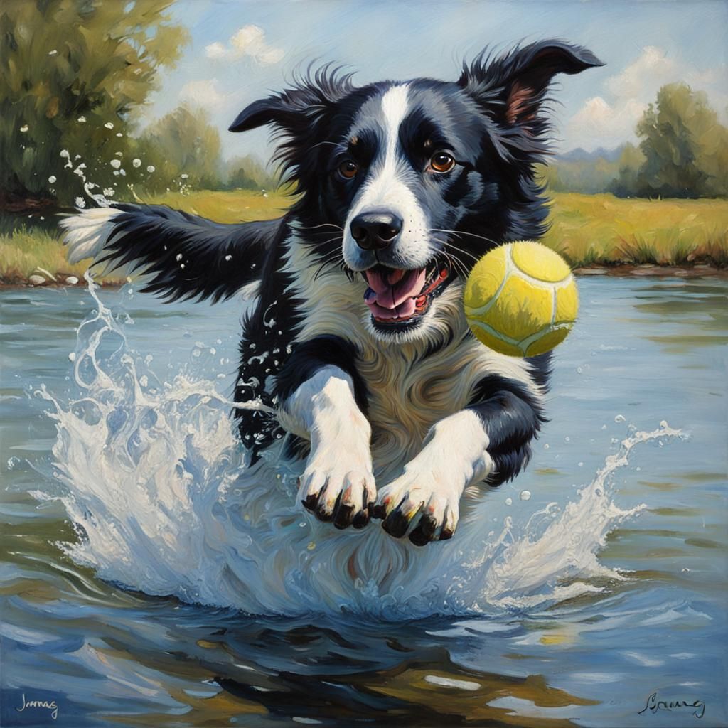 Border Collie Leaping in Water: An Oil Painting