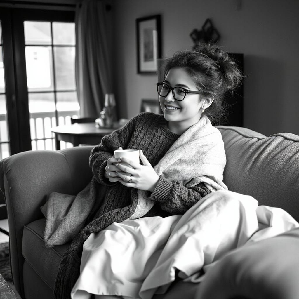Cozy Woman Surrounded by Softness in a Rainy Old Cottage