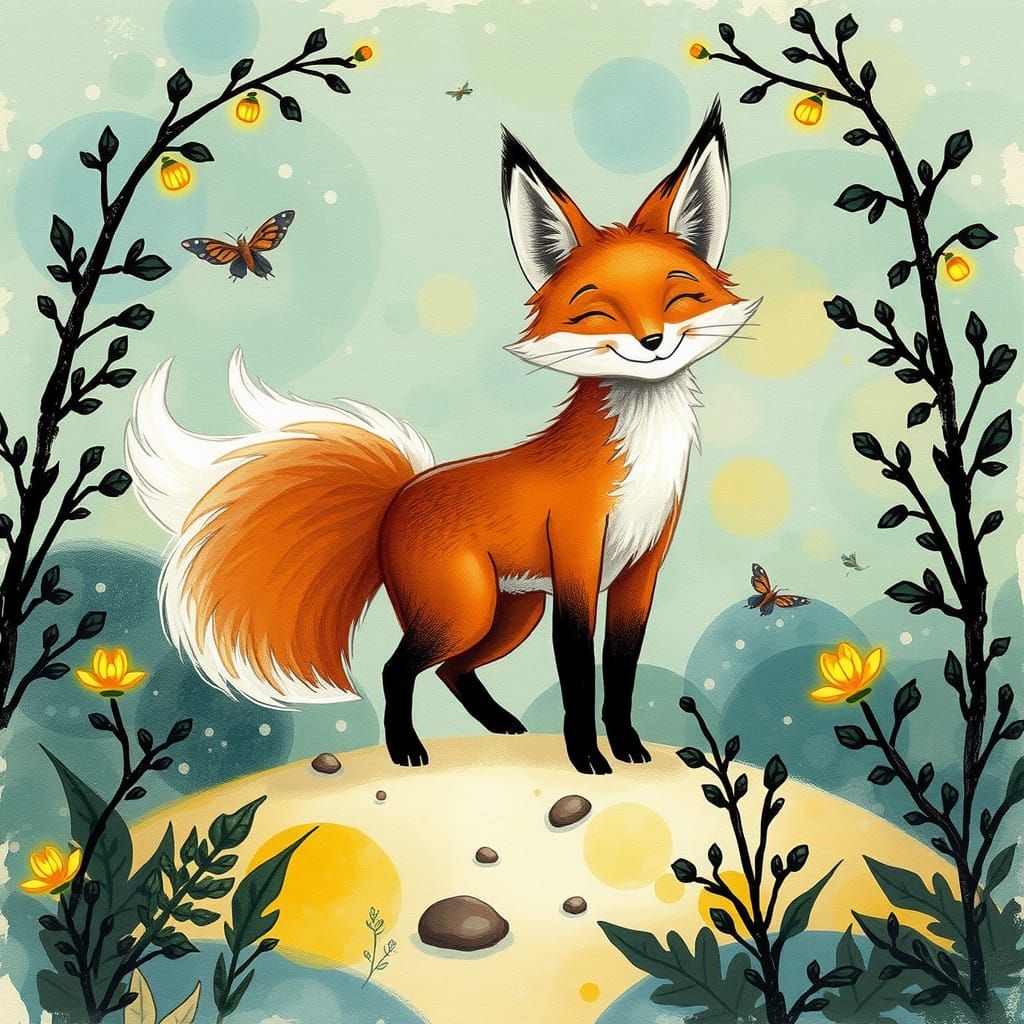 Charming Fox in Dreamlike Landscape: Watercolor Storybook Ar...