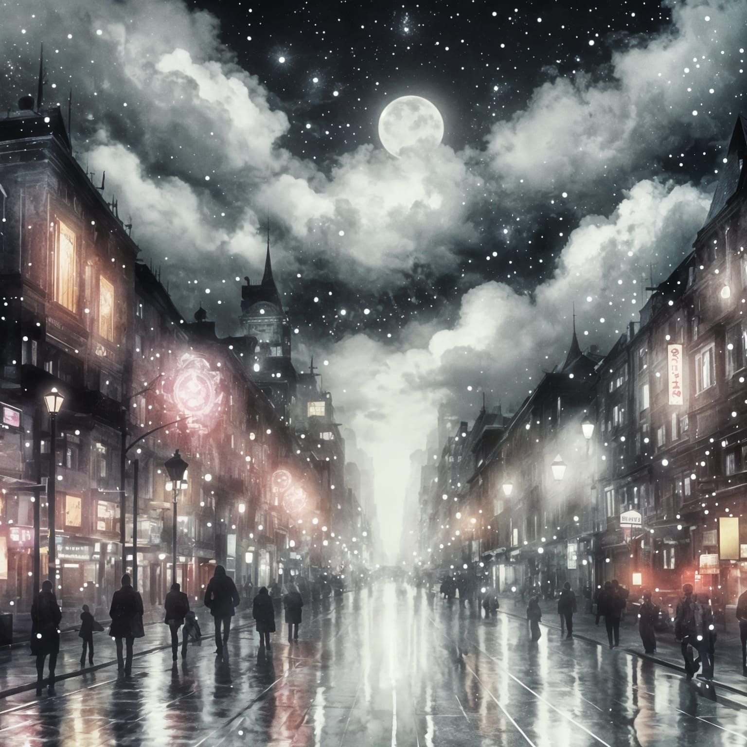 Night Cityscape Song Cover Art in Fantasy Style