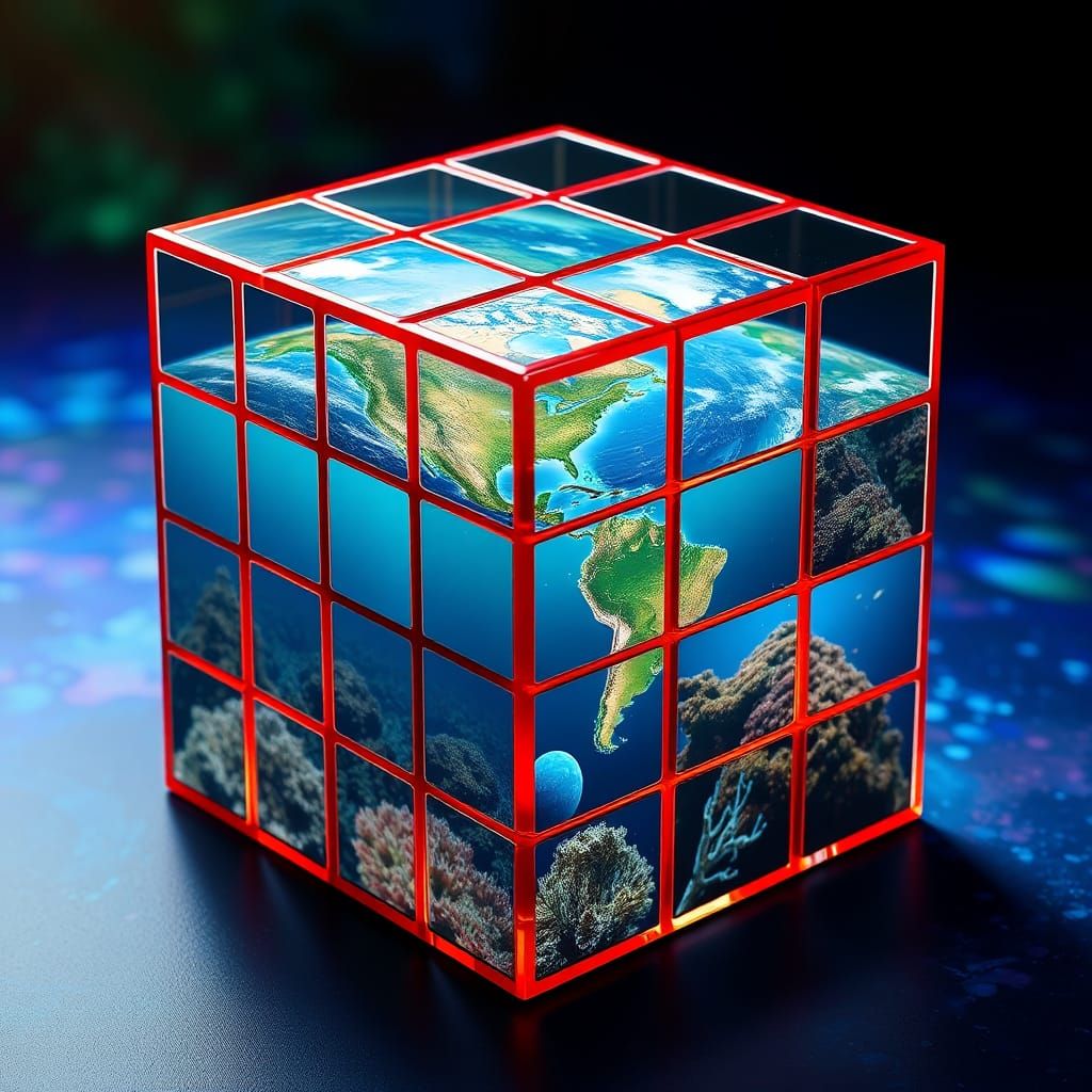 Glass Rubik's Cube with Earth Landscapes