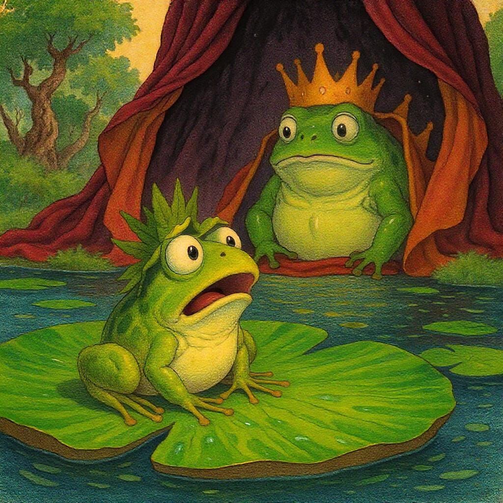 Surprised Frog Meets the Majestic King: Whimsical Art