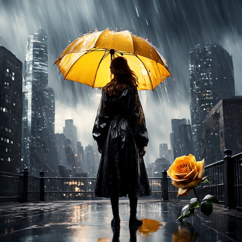 Woman with Melting Metal Umbrella in Rainy Cityscape