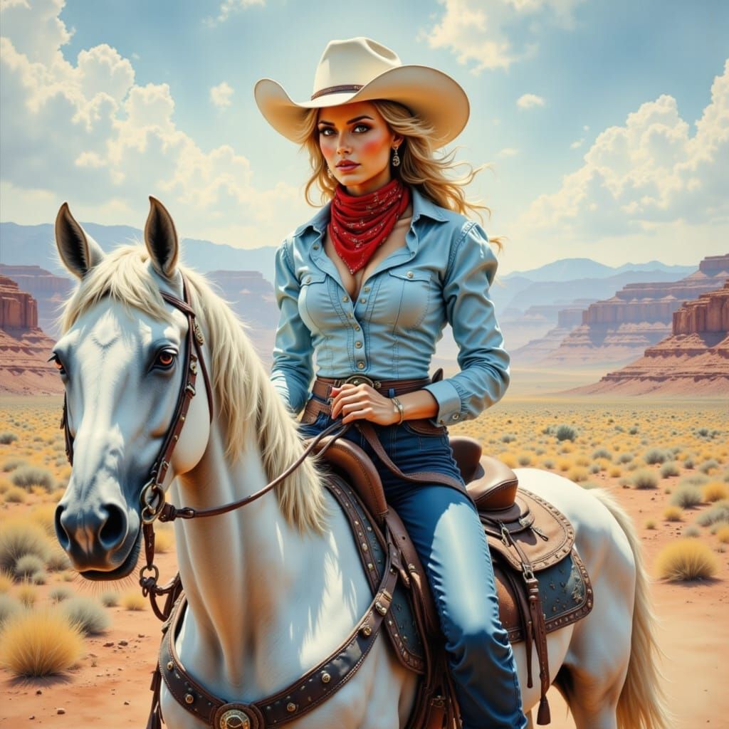 Cowgirl Rides White Horse in Oil Painting Style
