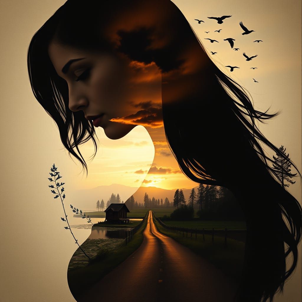 Woman's Silhouette with Dual Nature Scene: Rainforest & Rura...