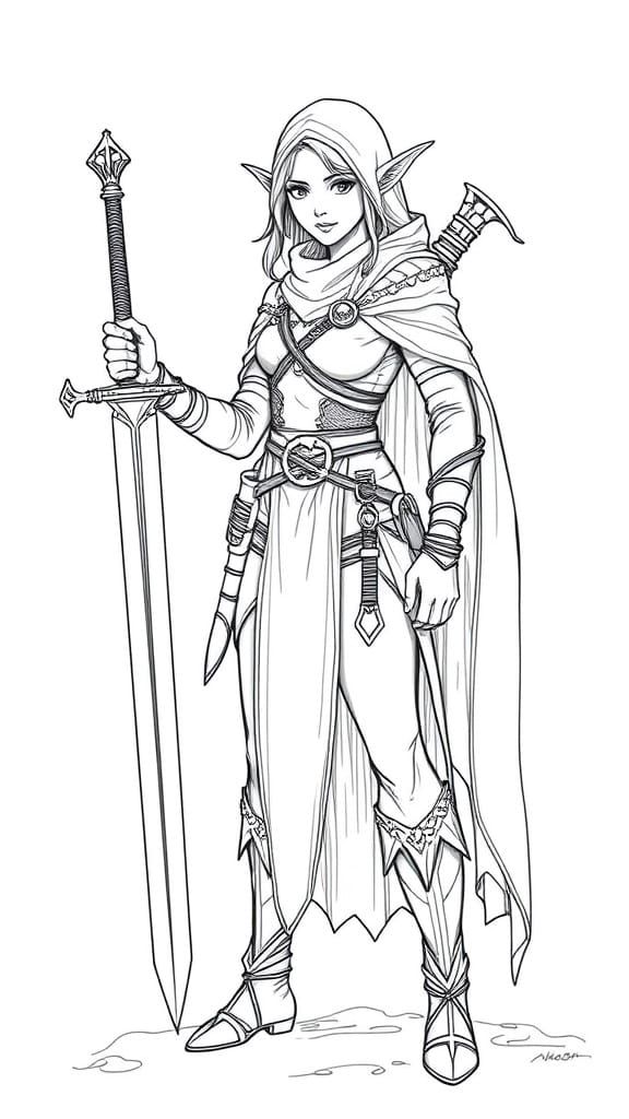 Elven Warrior Woman: Medieval Black and White Line Art