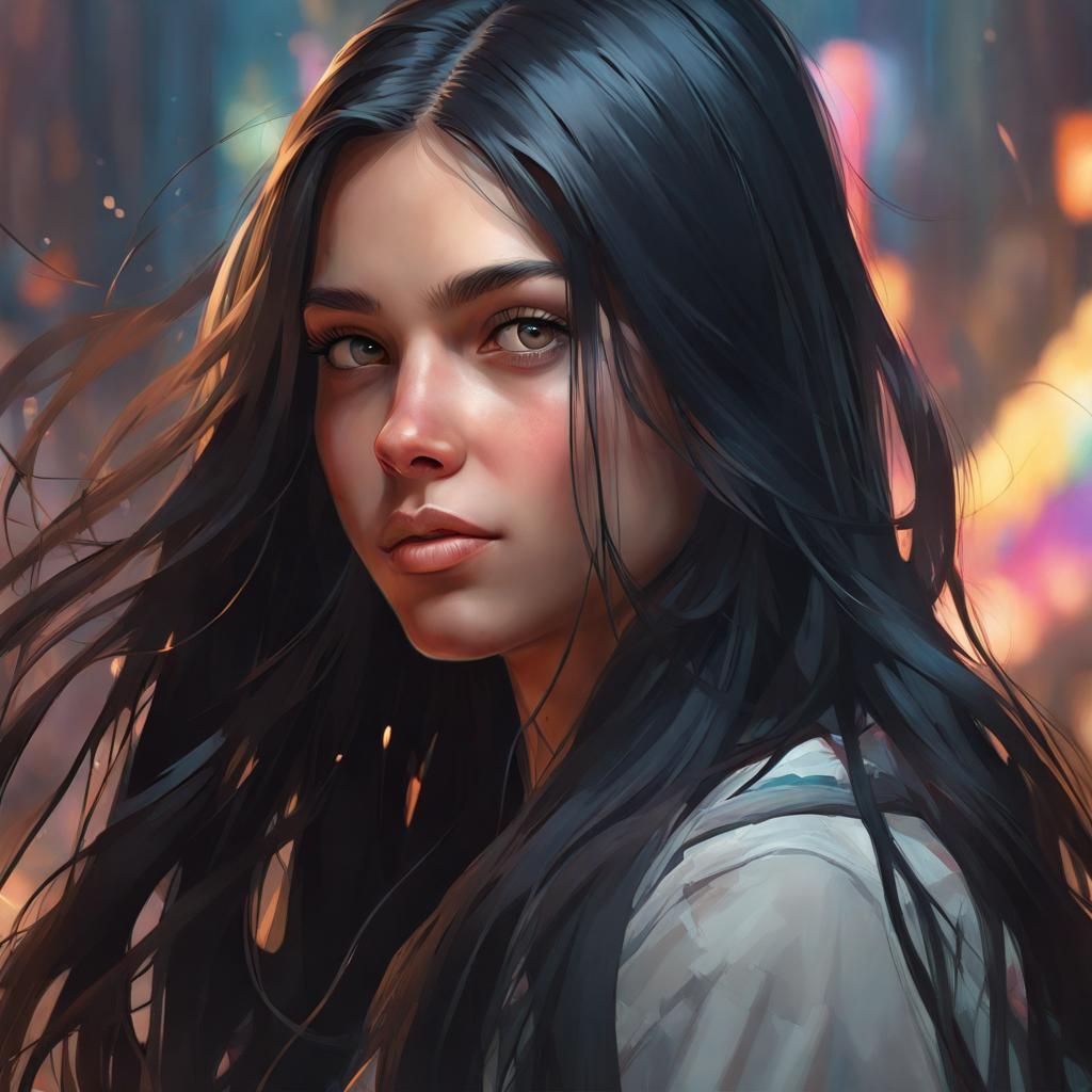 Detailed Portrait of Girl with Long Black Hair
