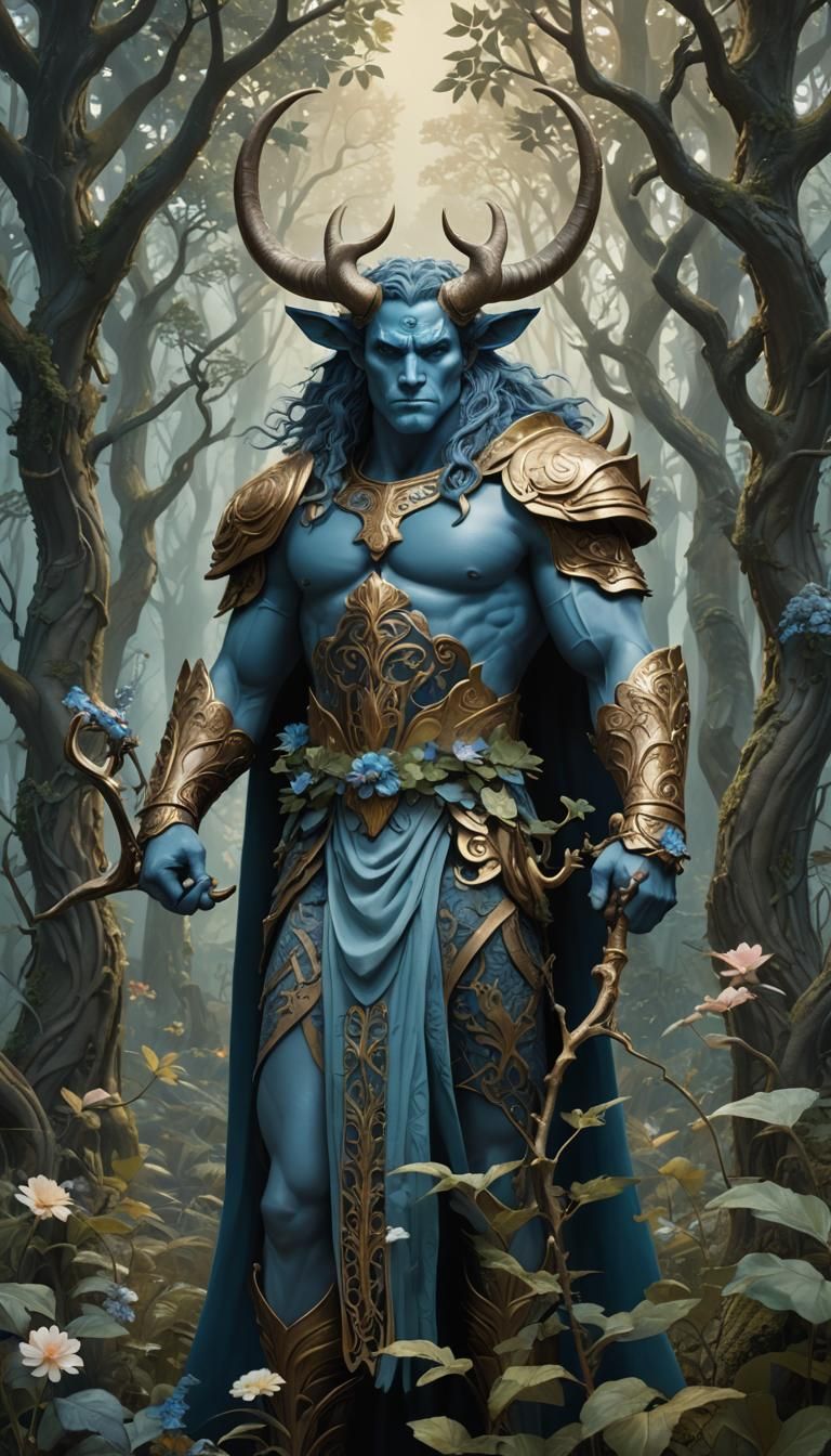 Blue Barbarian in Mystical Forest, Art Nouveau Style