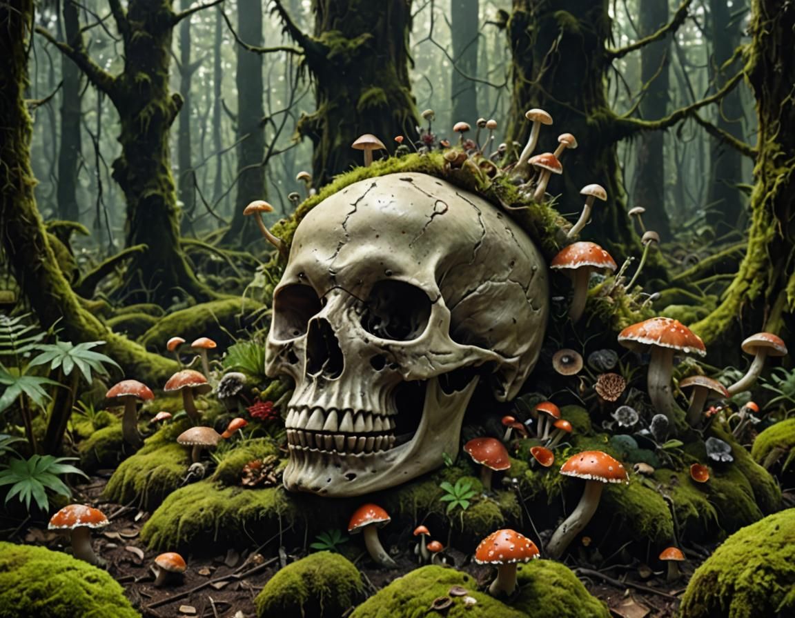 Surreal Skull Ecosystem with Moss and Mushrooms