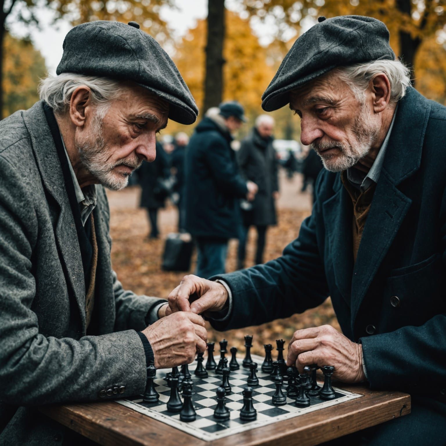 Elderly Men Play Chess in Park, Close-up Portrait