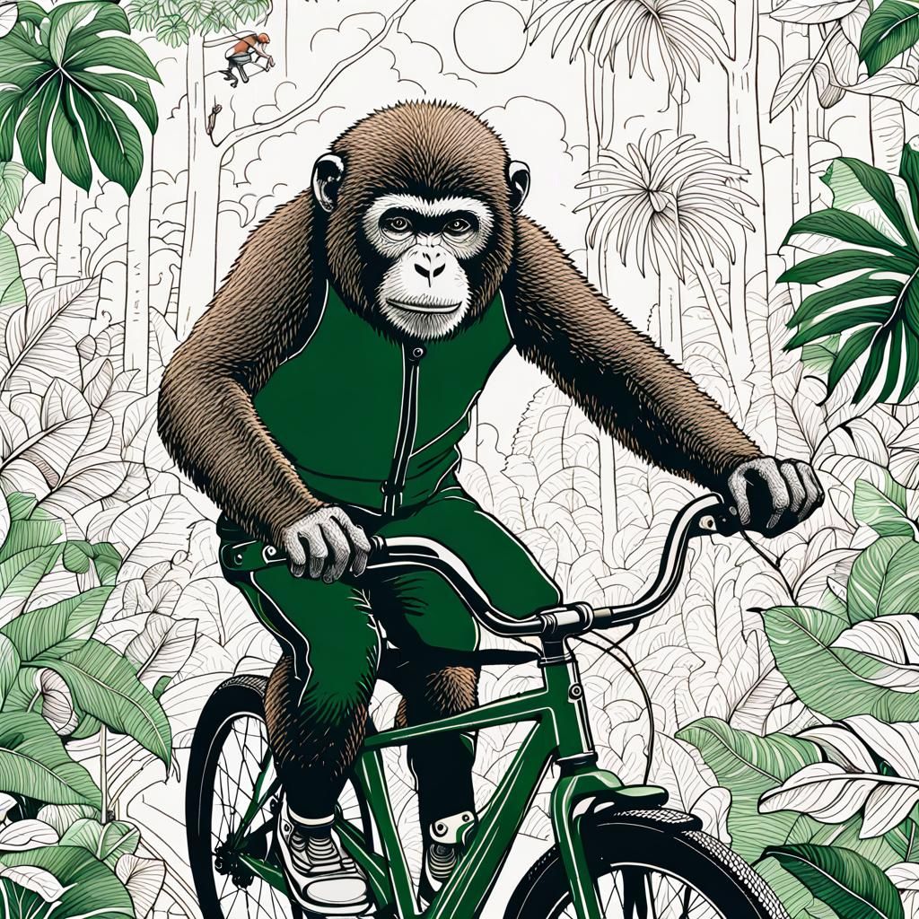 Whimsical Titi Monkey Cyclist in Lush Jungle