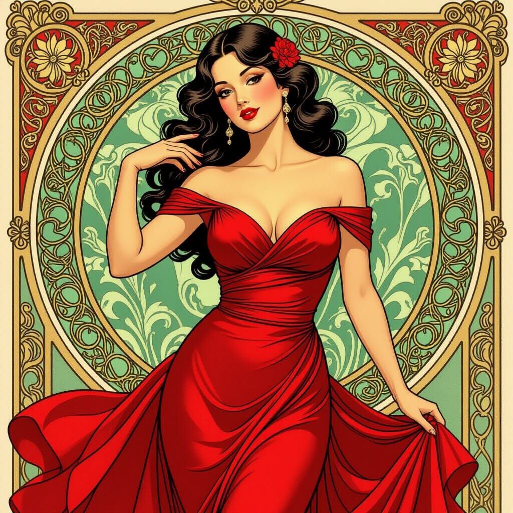 Elegant Pin-Up in Red Dress, Art Nouveau Style