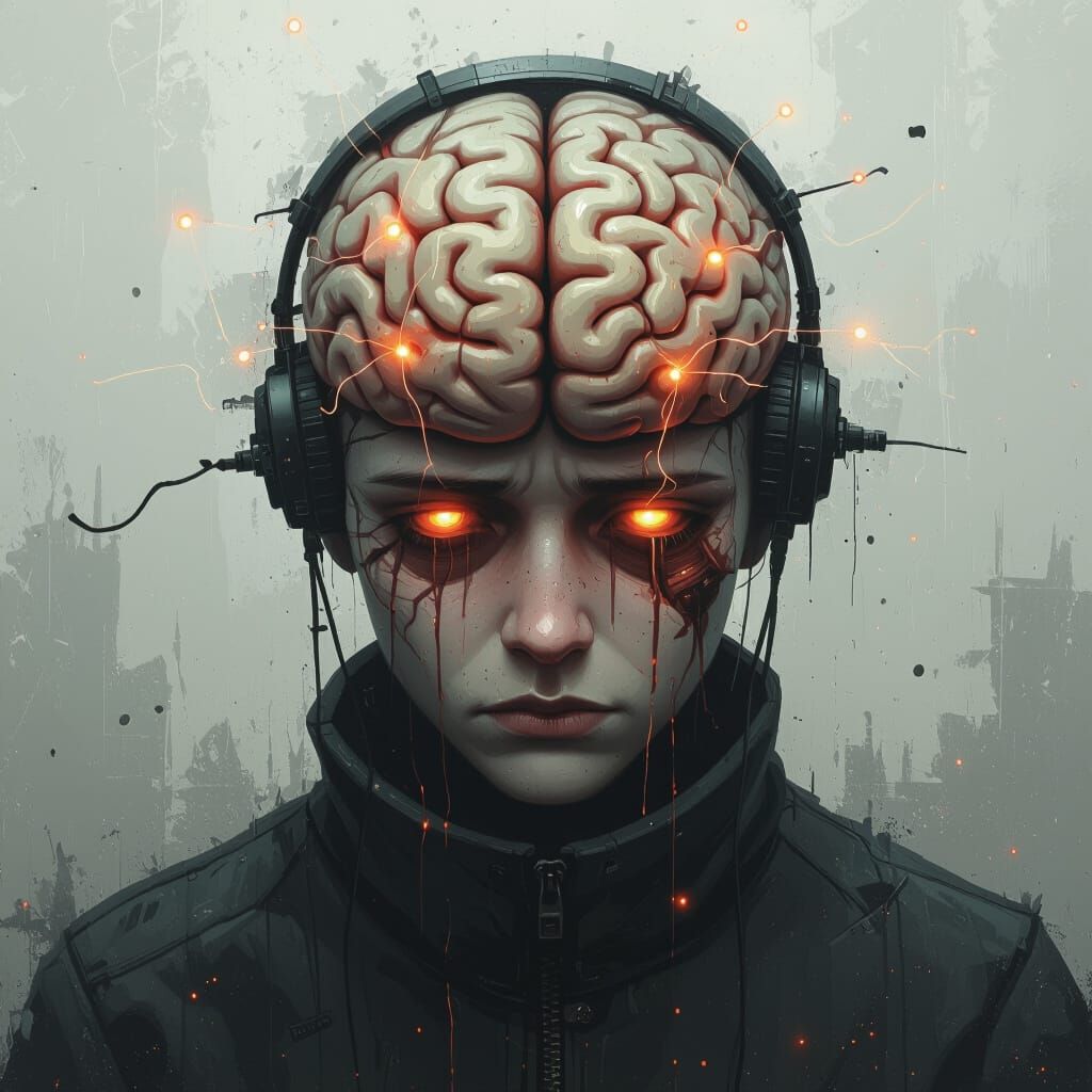 Brain with Glowing Connections in Gritty Digital Art Style