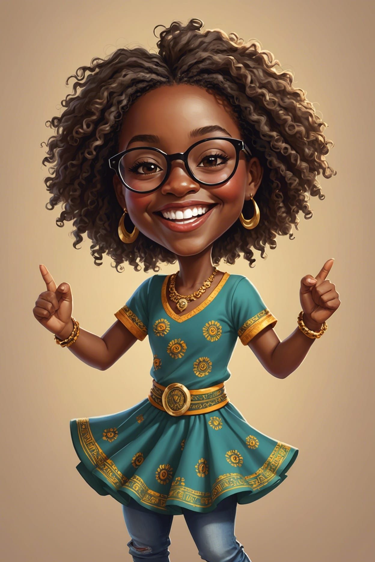 Dancing Girl Caricature with Glasses and Smile