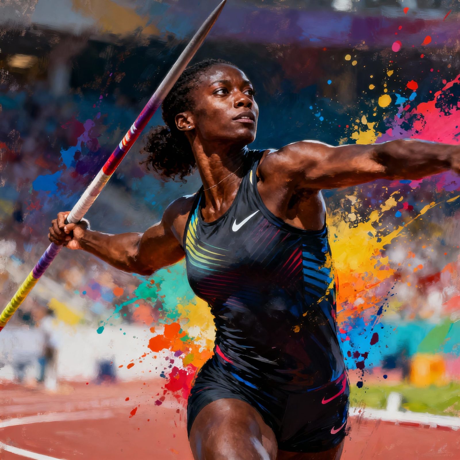 Hyperrealistic Black Female Javelin Thrower in Splash Art St...
