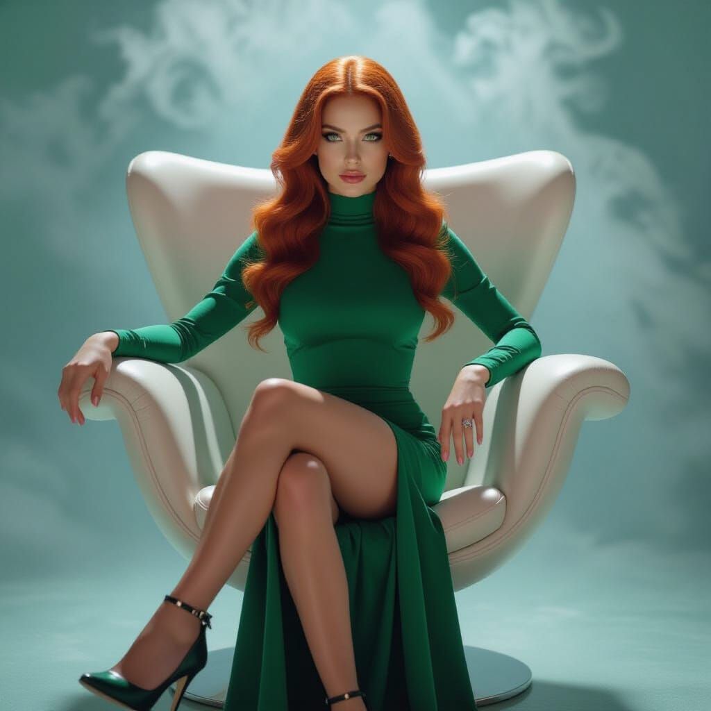 Futuristic Armchair with Stunning Woman in Emerald Green