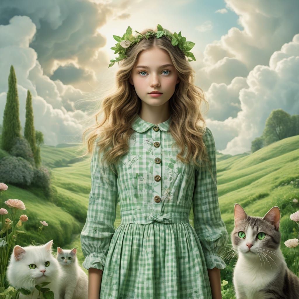 Whimsical Fantasy Scene of Woman and Pets in a Green Landsca...