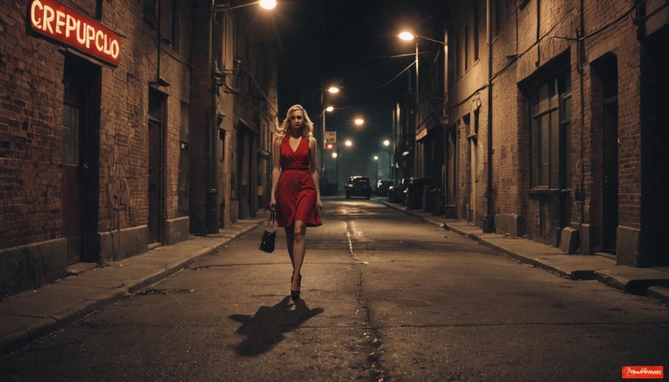 Film Noir: Blonde Woman in Red in Industrial Setting