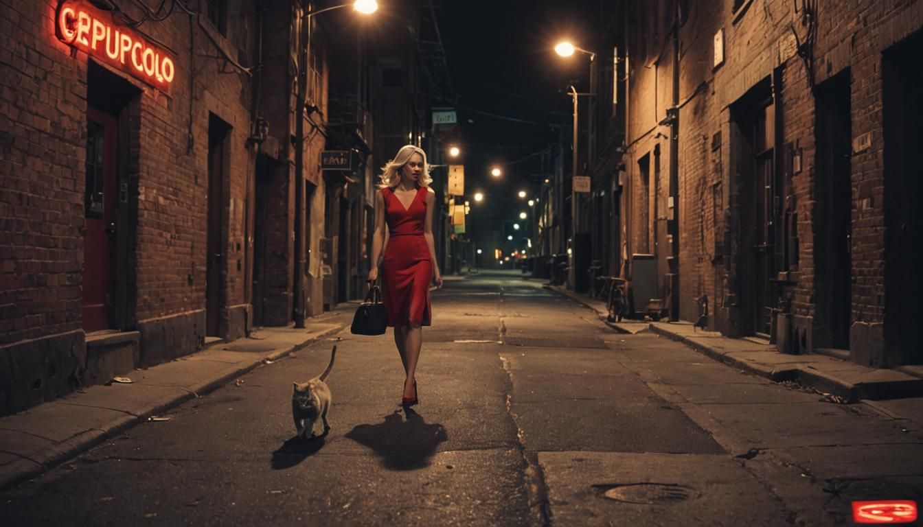 Girl in Red Dress Walking Down Industrial Street