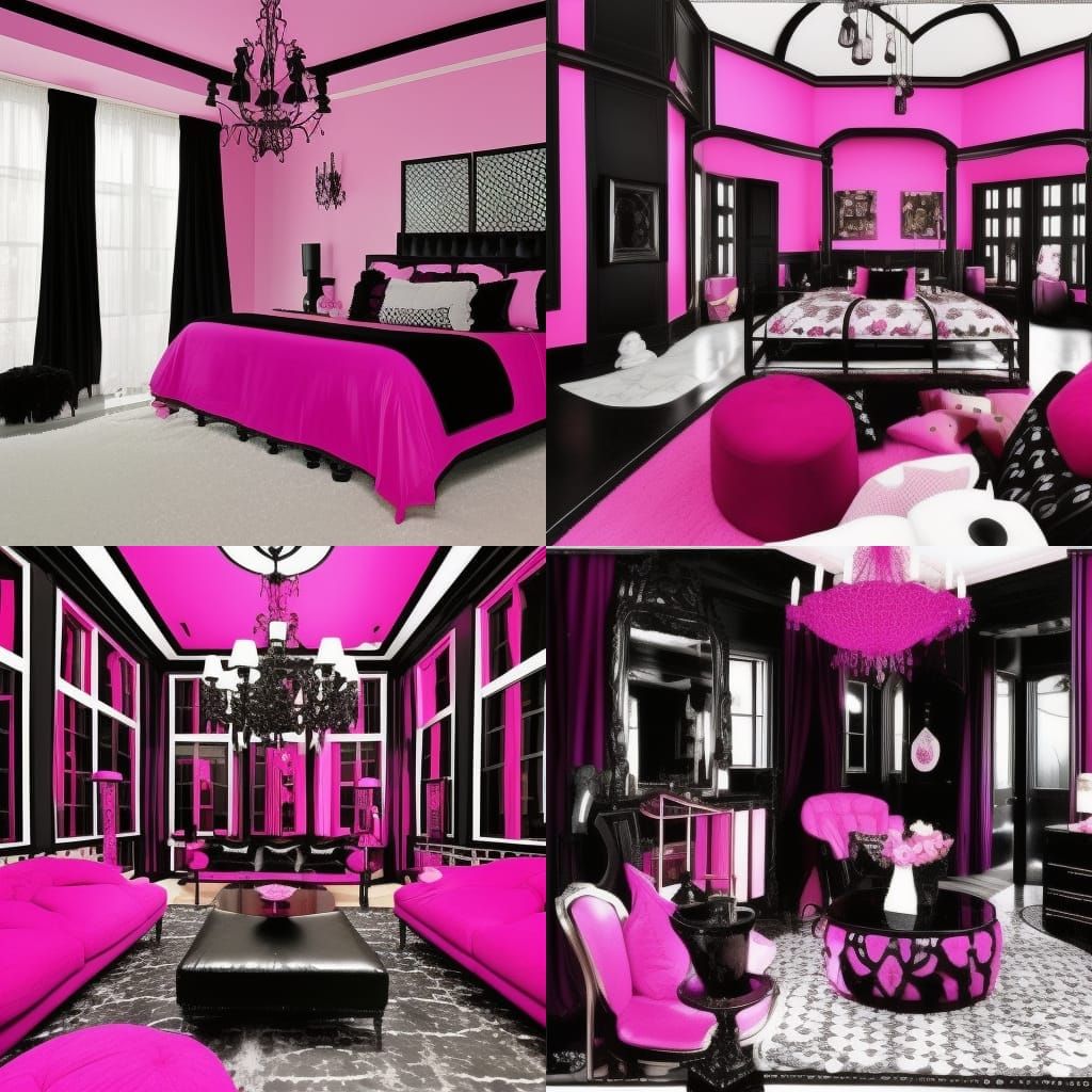 Magenta pink gothic penthouse with black frames& Black accents& black floors& black gothic windows& Black Gothic furnitu...
