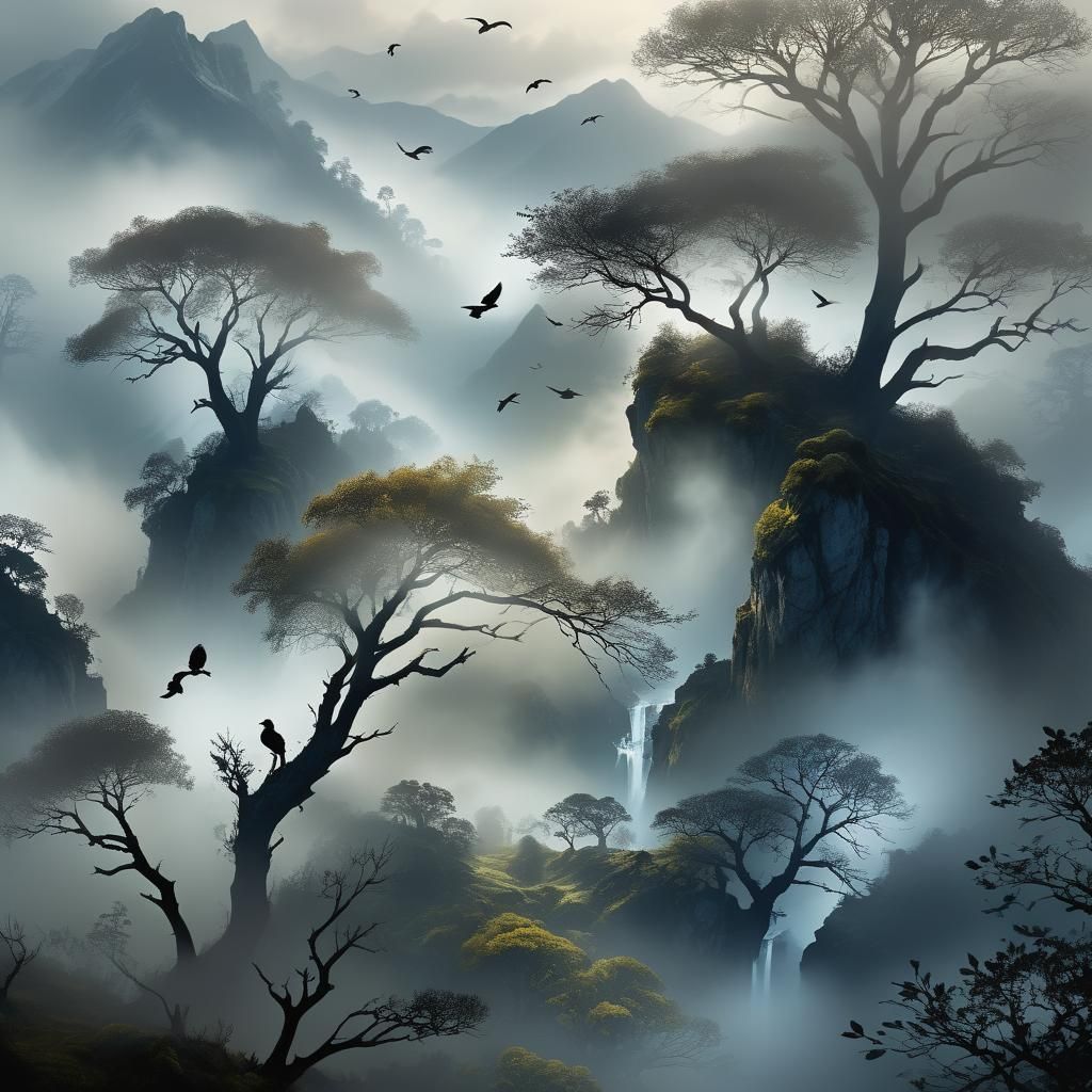 Birds Emerge from Mountain Mist in Digital Painting